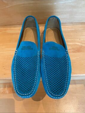 Versace Collection Men’s Teal Blue Suede Perforated Driving Loafers
